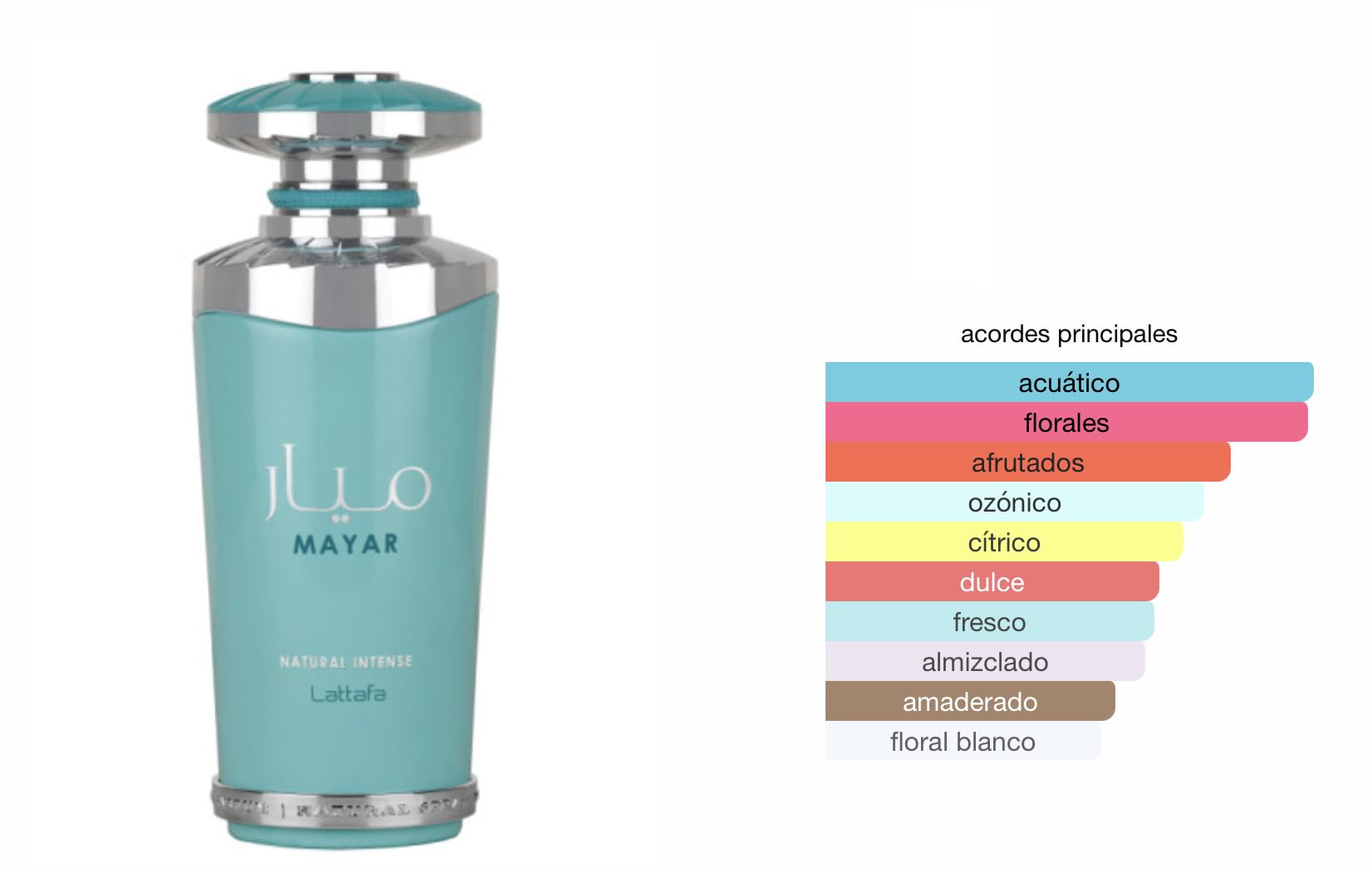 Perfume Mayar Natural Intense Eau de Parfum 100 ml, Perfume Árabe para Mujer de Larga Duración, Incluye Atomizador Recargable, Fragancia Acuática con Notas de Coco, Lirio y Vainilla (Natural Intense)