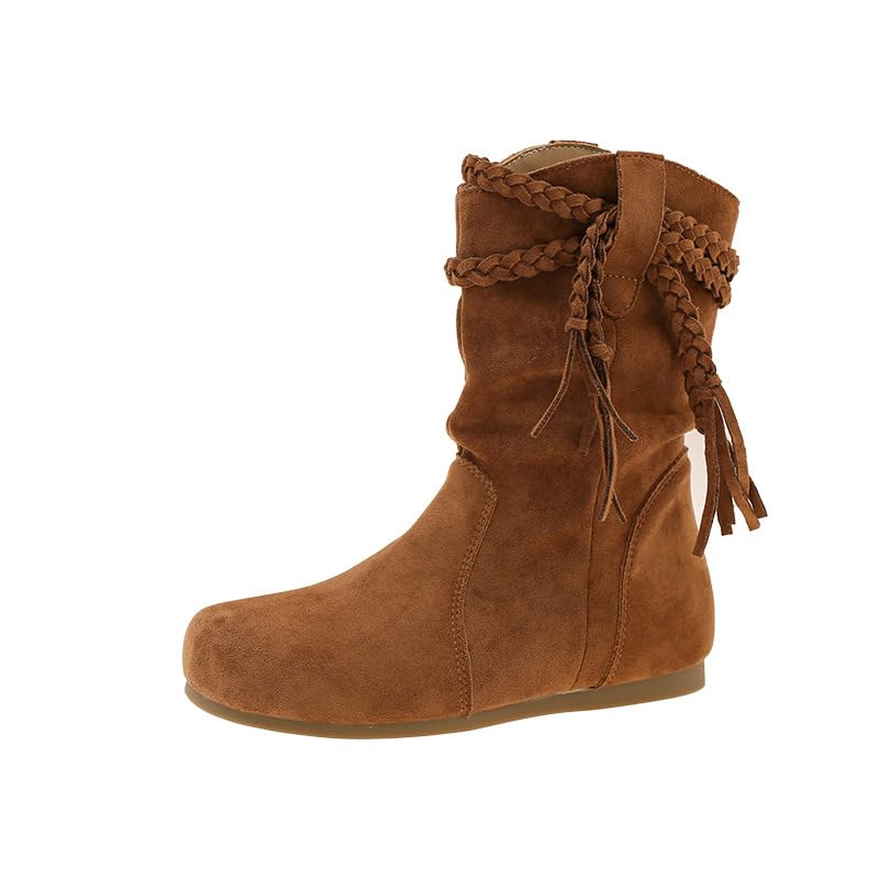 Womens Camel Wedge Hidden Heel Fringe Slouch Ankle Booties Round Toe Vintage Boho Fall Booties