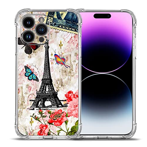 Beaucov iPhone 14 Pro Case, Paris Tower Butterfly Drop Protection Shockproof Case TPU Full Body Protective Scratch-Resistant Cover for iPhone 14 Pro