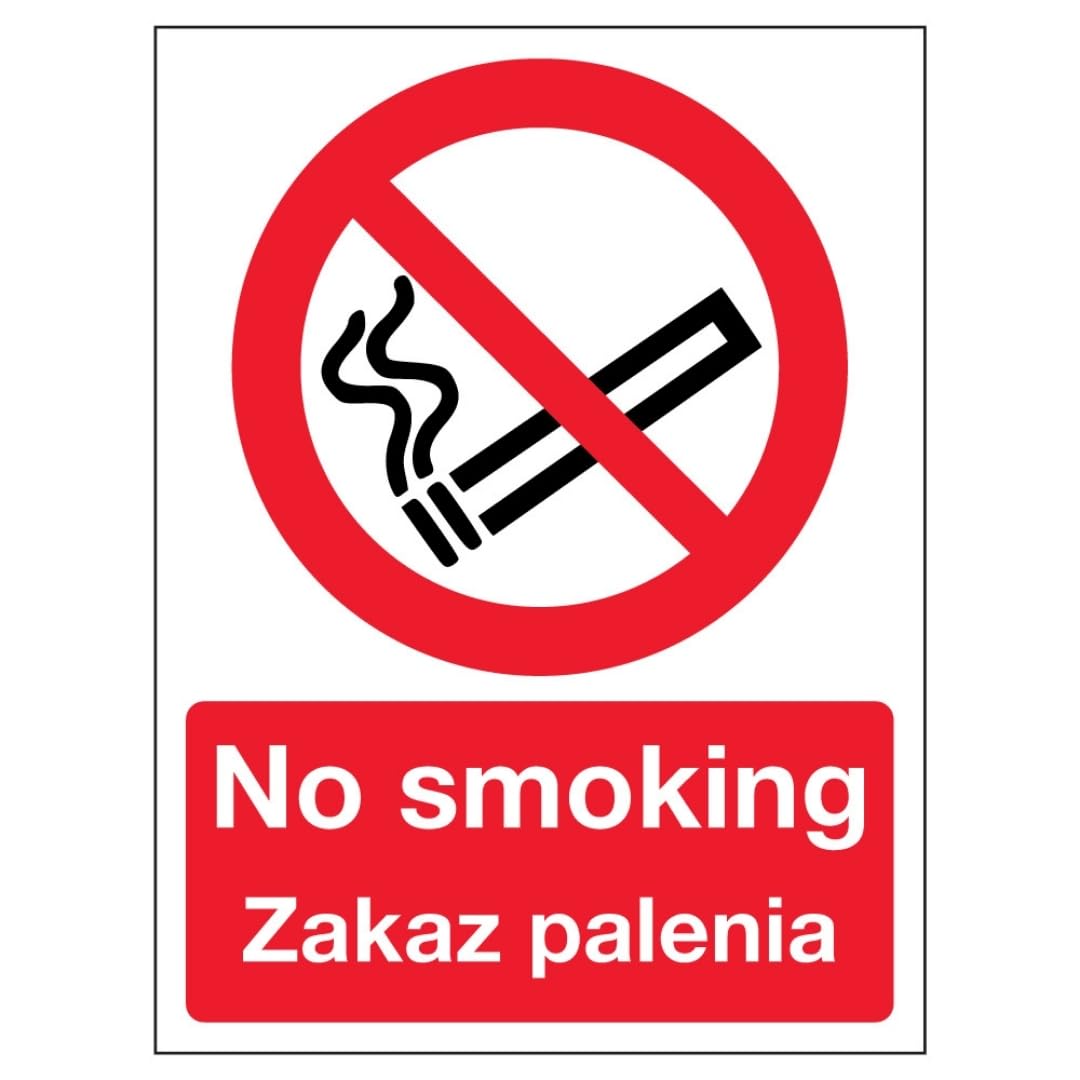 V Safety English/Polish - No Smoking 200 x 300 mm - 2mm Super-Tough Rigid Plastic Safety Sign
