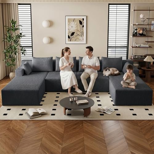 Image of 142 inch Cloud Sectional Boneless Couches for Living Room, Modular U Shaped Couch with 2 Chaise, Modern Comfy Deep Seat Corduroy Memory Foam Compressed Sofa for Apartment, Dark Grey