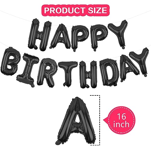 Image of Happy Birthday Balloons Banner Black 16 Inch Mylar Foil Letters