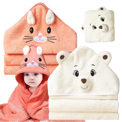 Image of Baby Bath Towels with Hood, 2 Packs Premium Soft Hooded Baby Towels for Babies, Toddler, Infant, 31.5x31.5 in Ultra Absorbent Coral Fleece Baby Stuff Shower as Best Gifts for Boys and Girls (2Pack)
