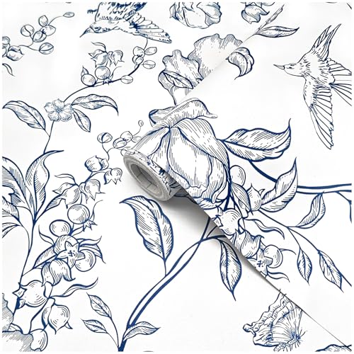 Theper White and Blue Floral Wallpaper Peel and Stick Wallpaper Boho 17.3