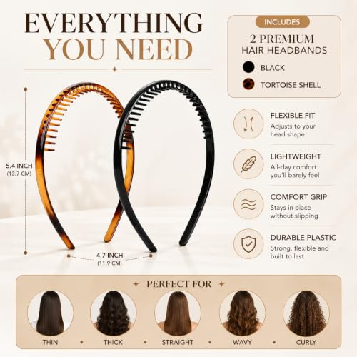 Image of 2 Pcs Black Brown Simple Fancy Plastic Hair Bands Wavy Hair Comb Headband Teeth Comb Shine Hairband Hair Accessories For Girls and Women