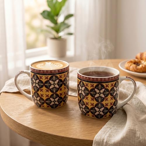 Image of UPC Coffee Mug Set of 6 | Golden Yellow & Black Mughal Floral Tile Print | Maroon Border Ethnic Medallion Pattern | Bone China Tea & Coffee Cups | Microwave Safe | Home & Kitchen
