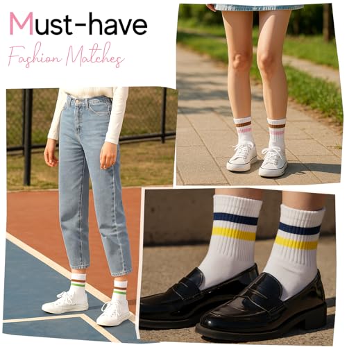 HONGTEYA Cotton Crew Socks for Women Cute Retro Striped Socks 5 Pairs with Arch Support Casual Athletic Vintage (Multicolor)3