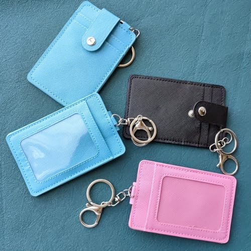 Image of 2 Pack Slim Credit Card Holder Back /Front Pocket Purse Wallets, Faux Leather ID Badge Holders for Carrying Keys, Metro Cards, with Metal Clasps&Key Rings