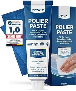 PRINOX® 150ml Polierpaste inkl. Profi Poliertuch I Politur für Acrylglas, Epoxidharz, Lacke, Gelcoat gfk, Chrom & Kunststoffe I Entfernt Mattierungen & Mikro Kratzer