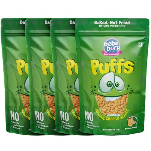 Image of BE'BE' BURP Healthy Puff Snacks | Jowar Cheesy Blast | Baked Puffs, Not Fried, Protein Snacks | No Maida & Gluten-Free | Travel-Friendly | 35gms Each (Pack of 4)