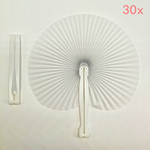 CHSYOO 30 x Pai Pai Blanco Ventilador Plegables Papel Abanico Redondo Regalar para Invitados Fiesta Boda Ceremonias Jardín Fiesta Comunión