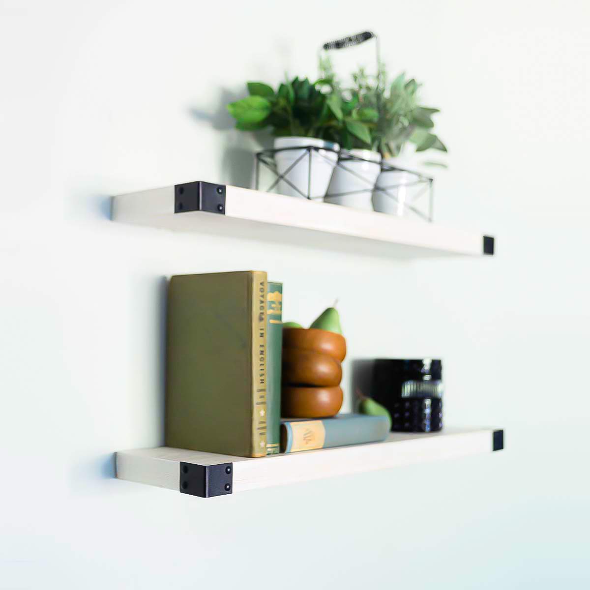 WG WILLOW & GRACE DESIGNS White Wash Floating Shelves with Decorative Iron Corners, Modern Rustic All Wood Wall Shelves - Set of 2 - Bedroom, Bathroom, Kitchen - 24 x 6 x 1.5 in