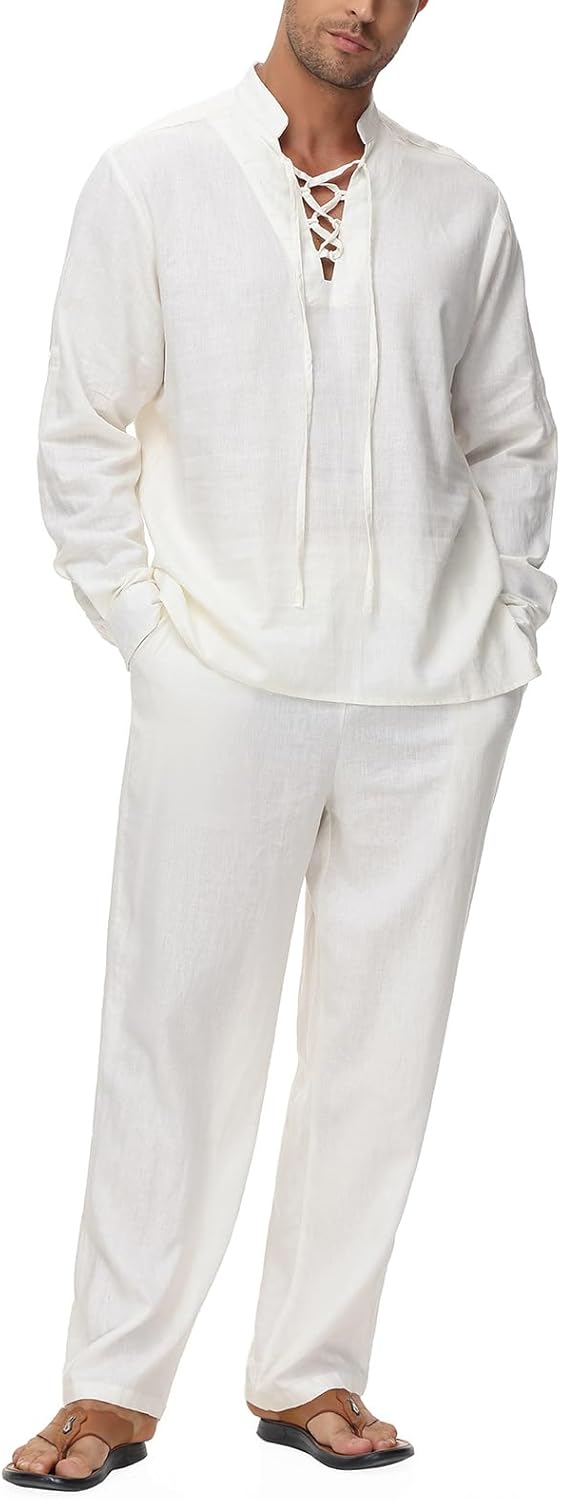Lamgool Mens 2 Pieces Cotton Linen Set Long Sleeve Shirts Casual Drawstring Yoga Pants Summer Beach Wedding Outfits