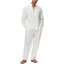 Lamgool Mens 2 Pieces Cotton Linen Set Long Sleeve Shirts Casual Drawstring Yoga Pants Summer Beach Wedding Outfits