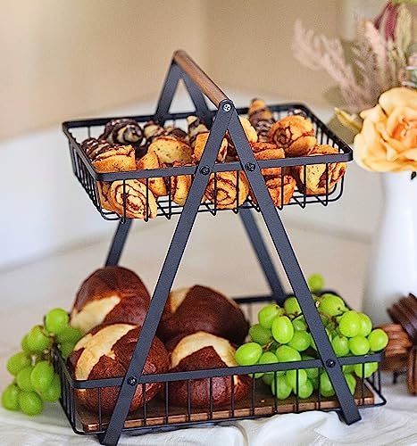 Emerson Ergonomics 2-Tier Large Fruit Basket || Wood Metal Bread Basket || Kitchen Countertop Fruit Bowl #TOP4