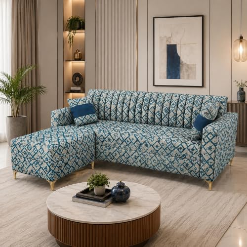 Image of FURNY Signature Regalia 4-Seater L-Shape Sofa Set with Movable Ottoman | Flexible LHS /RHS Layout | Tapestry Fabric | 40D Foam + Zigzag Spring | 3-Yr Warranty (Lagoon Mosaic Blue)