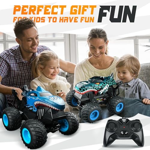 Image of BEZGAR Monster Truck Toys - Remote Control Monster Trucks with Light & Music, Dinosaur Toys for Kids, 1:20 Scale RC Truck with 360 Spins and Drifting, Remote Control Car for Boys with Two Car Shells