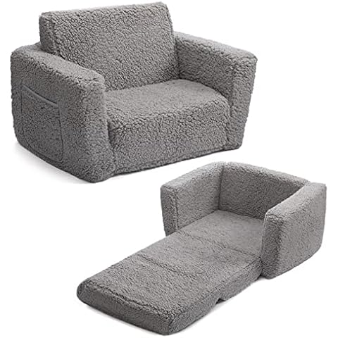 ALIMORDEN 2-in-1 Flip Out Cuddly Sherpa Toddler Couch, Convertible Sofa to Lounger, Grey Cover