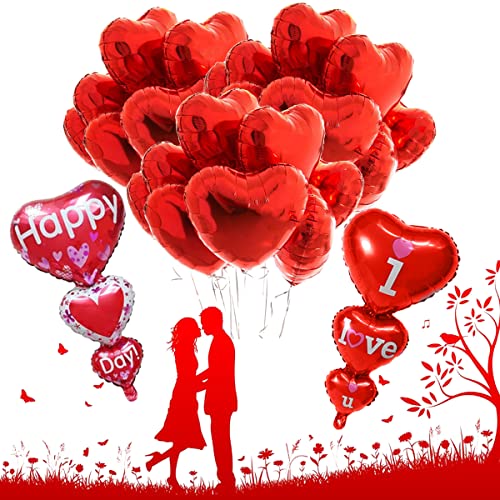 COVANNI Red Heart Balloons, Big Pack of 14 I Love You Balloons and Happy Day Balloon 36 Inch, Valentines Day Balloons for Romantic Decorations Special Night Decor, Anniversary Sweetest Day Decorations
