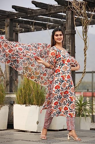 Image of Leriya Fashion Cotton Printed Kurta Sets for Woman | V Neck Festive Anarkali Suit for Women | Ethnic Kurta Set with Dupatta for Women | Wedding Kurti Set for Woman