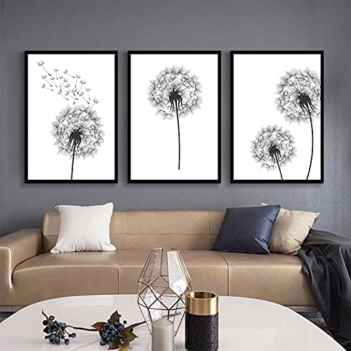 KEJPU 3 Piece Canvas Wall Art Dandelion Flower Sketch Black