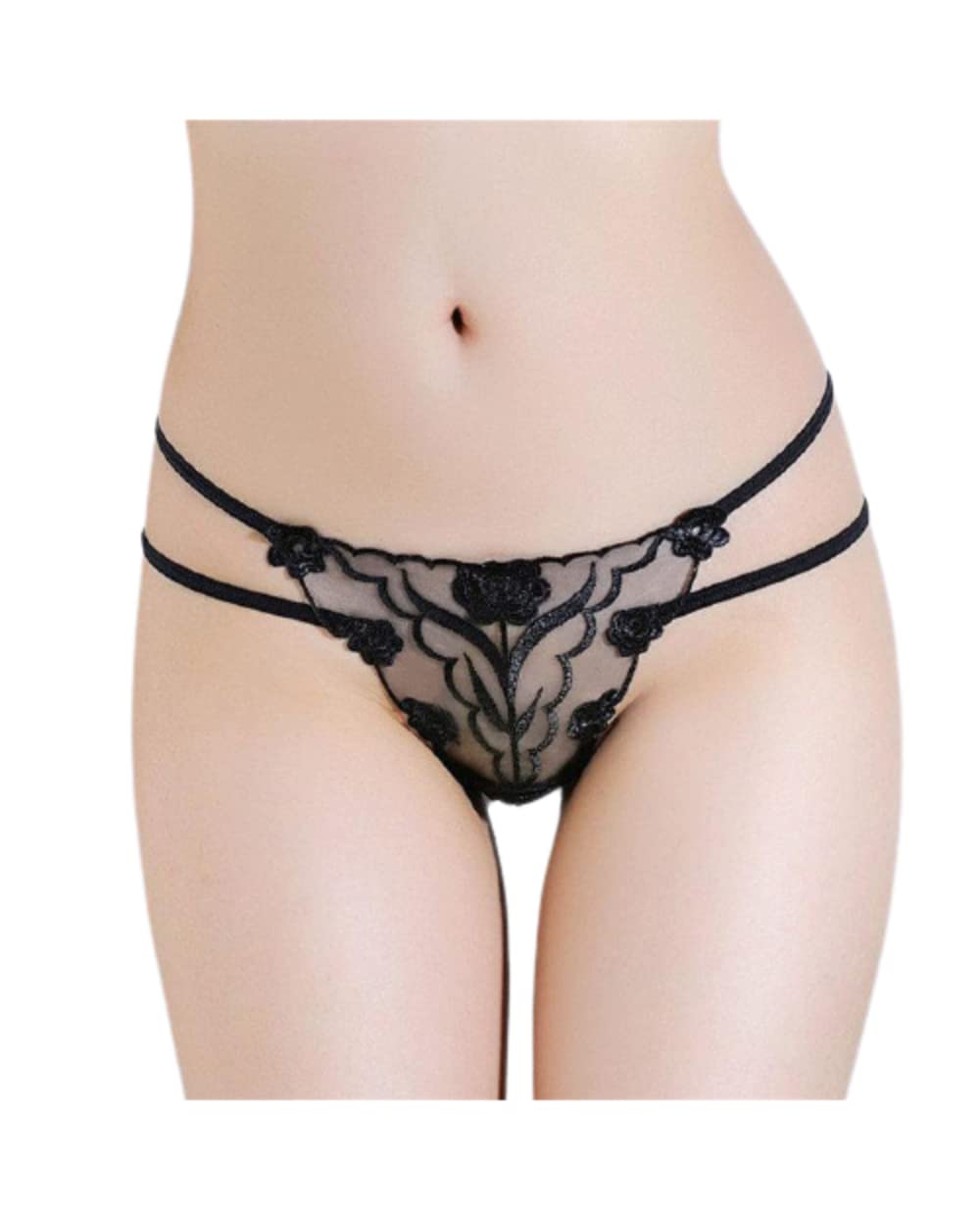 Women G-String Embroidered Transparent Temptation Underwear Female Traceless Perspective Cotton Crotch Hot Sexy Underpants (XS, Black)-image-5