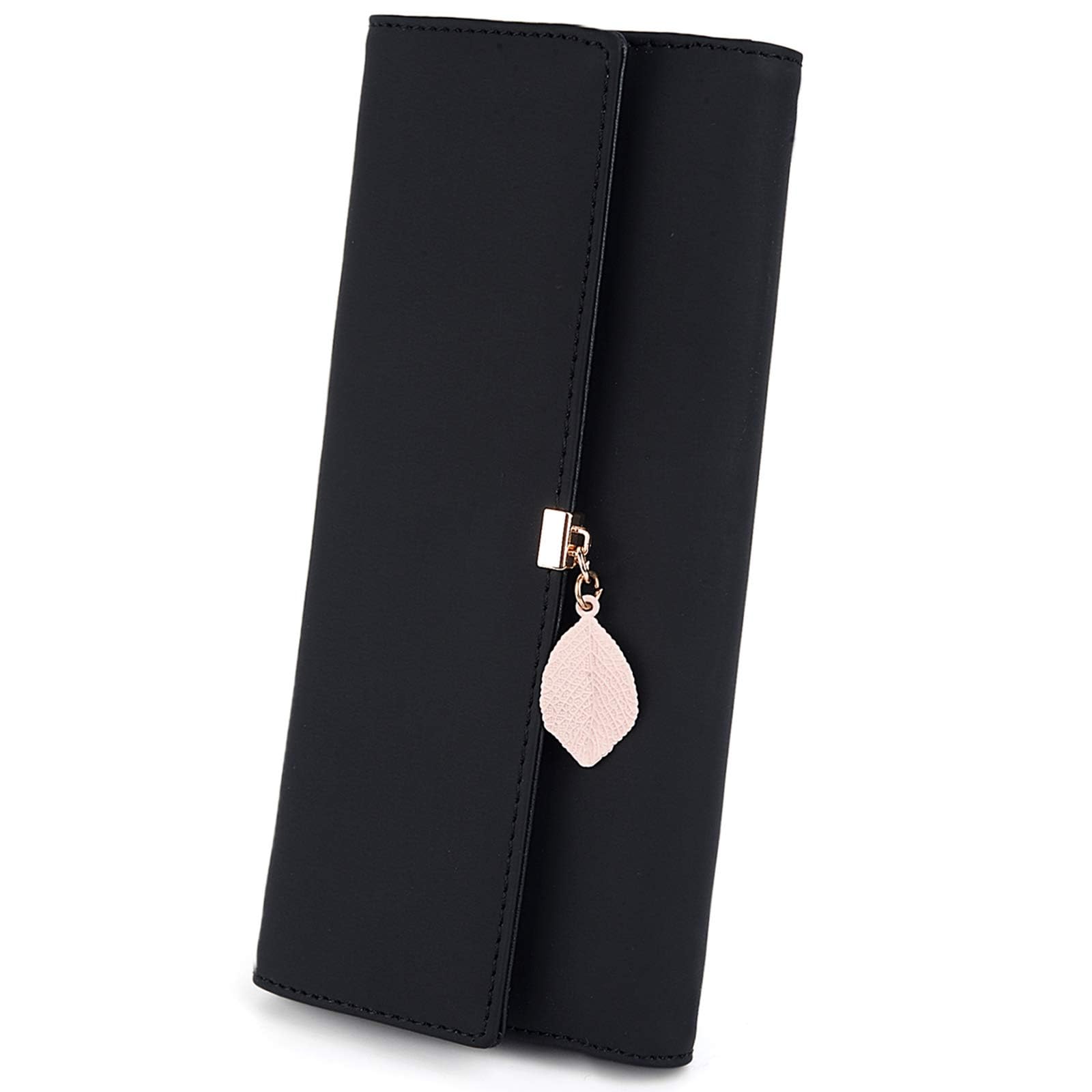 UTOWomen PU Leather Wallet Large Capacity Leaf Pendant Card Phone Holder Checkbook Organizer Girls Zipper Coin Purse Black