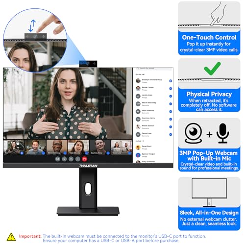 Image of 23.8 Inch Monitor with Pop-Up Webcam - 2K 2560 x 1440 IPS Computer Monitor, 100Hz Vertical Gaming PC Screen, Built-in 3MP Webcam & Microphone, HDMI, DisplayPort, Display for Office Home