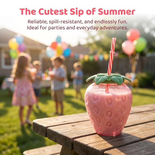 Image of Housoutil 4 Pack Strawberry Cups with Straw and Pendants, 500ml Reusable Plastic Strawberry Tumblers, Strawberries Drinking Cups for Spring Hawaiian Summer Berry First Birthday Party Decor Supplies