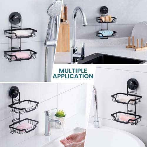Image of TAILI Soap Holder, Soap Dish Suction Cup with Hooks, Stainless Steel (Light Black)