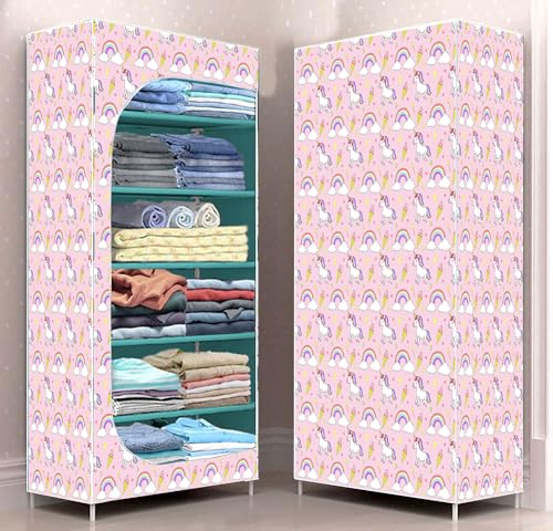 Image of BONTEC Baby Wardrobe for Clothes - almirah - Rack fot Storage Multipurpose Plastic almirah Printed Cover 6 Shelves Storage Clothes Storage Rack Quick Cabinet /Multipurpose (Baby Pink)