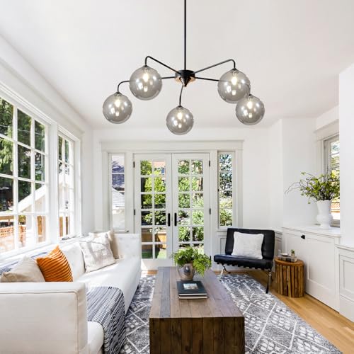 Image of Mid Century Modern Chandelier Smoky Gray Clear Glass Globe Ceiling Light Fixture 5 Light Black Sputnik Chandelier for Kitchen Dining Room Bedroom