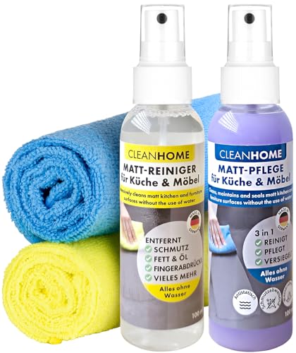 CLEANOFANT Matt Küchen- & Möbel-Pflegeset für Mattlack & Mattfolie - Reinigt & Versiegelt ohne Glanz - Erhält den Matt-Effekt - Anti-Fingerprint & Fettlöser - 4-teiliges Komplett-Set - Made in Germany