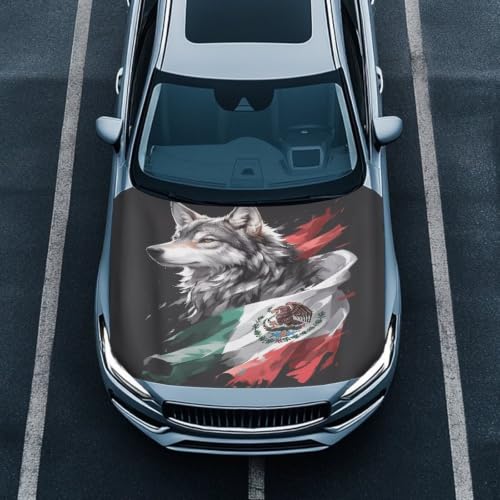 Image of Wolf Mexican Flag Car Hood Cover Protector Stretchable Car Hood Wrap Blankets Mexican Independence Day Decorations Automotive Exterior Accessories for Compact SUV Sedans Trucks Pickup