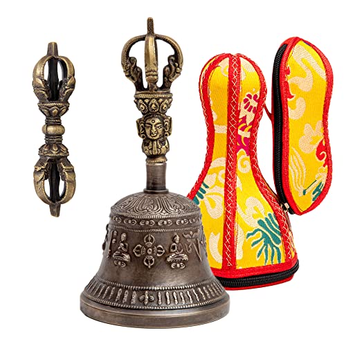 Large Tibetan Buddhist Meditation Alter Pray Singing Bell and Dorje Set Bronze Metal 18 cm X 9 cm - Himalayan Bazaar