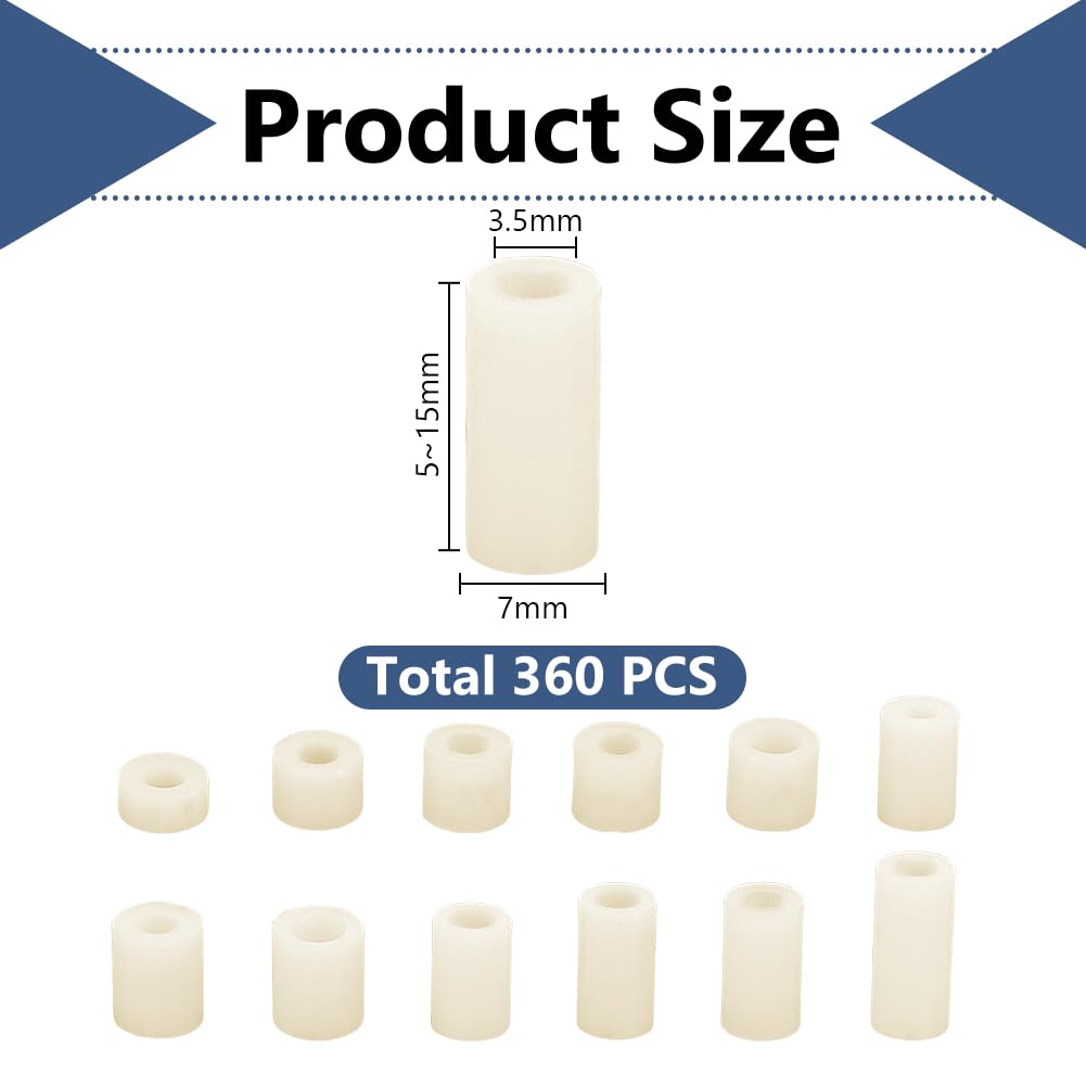 AHANDMAKER 360Pcs 12Sizes White Round Spacer Assortment Kit for M3 M4 Screws, Electrical Outlet Screws Spacers ABS Round Washers for Electricity Electrical Screw Switch and Receptacle