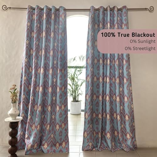 Image of Tranquebar Curtain Co. 100% Blackout Curtains, Complete Darkening Lining (Polyester), Blue-Pink Chevron Print, Cotton Blackout Curtains 5 Feet for Window, BackTabs, Ikat (152 cm) - 1 Piece