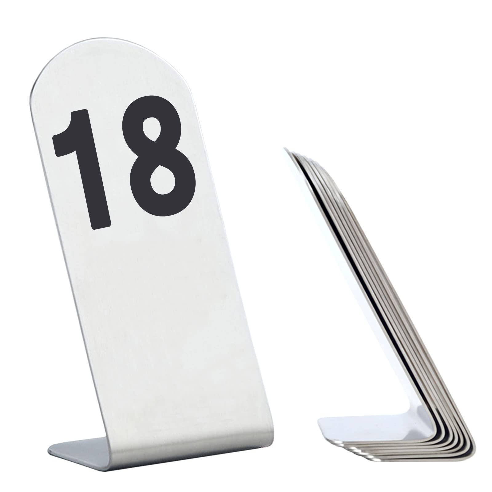 MYUYEE Stainless Steel Standing Restaurant Table Numbers, 13X6Cm Place Cards Number 1 To 50, Stackable Storage, Space Saving, Smooth Surface, Metal Table Card