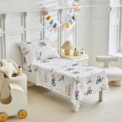 Image of JHXHMX 4 Pieces Toddler Bedding Set for Boys,Excavator Cars Truck Pattern Toddler Comforter Set,Soft Crib Bed Set Including Comforter,Sheets and Pillowcase-Gray