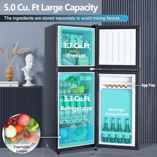 5.0 Cu.Ft Fridge with Freezer, Dual Door Refrigerator with 7 Settings Temperature Adjustable, Small Fridge for Dorm Office Apartment and Home (Black, 5.0 Cu.Ft)