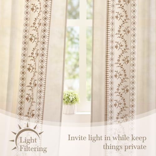 Image of Yinhua Boho Curtains for Living Room 84 Inch Long Brown Embroidered Floral Bedroom Curtains, Farmhouse Light Filtering Window Curtain Rod Pocket & Back Tab Drapes, 52 inch W x 84 inch L, 2 Panels