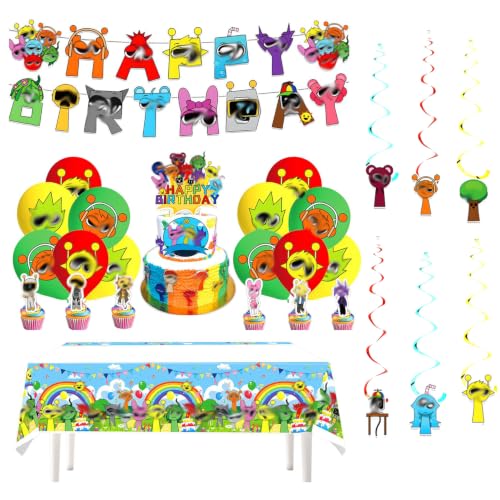 Sprunkie Birthday Decorations | Includes Sprunky Happy Birthday Banner TableCloth Cake Cupcake Toppers Latex Baloons Hanging Swirls | Birthday Party Supplies for Adults and Kids
