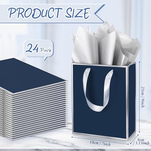 Image of Yeaqee 24 Pack Metallic Paper Gift Bags, Navy Blue, Silver | with Satin Ribbon Handle and Tissue, 9x7x3.1 Inch, Suit Business, Birthday, Christmas, Thank You Return Gifts Bags