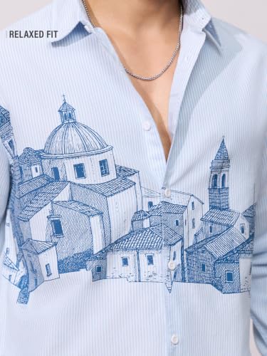 Image of The Souled Store Cityscape Men and Boys Long Sleeves Spread Collar Blue Cotton Graphic Printed Easy to Style Everyday Wear Trendy Stylish Relaxed Fit Lightweight Everyday Casual Shirt