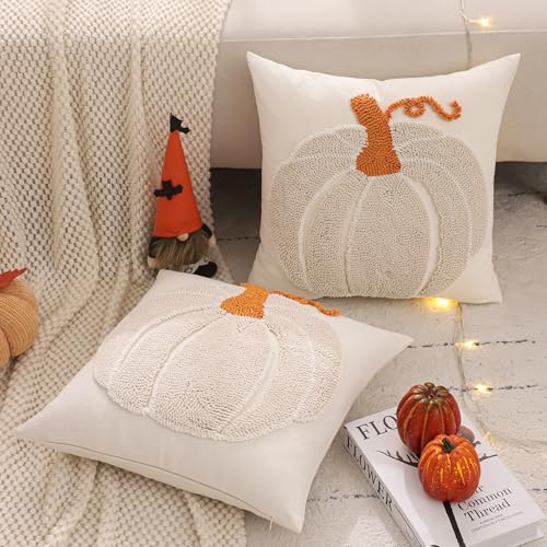 Tosleo Halloween Throw Pillow Covers 18x18 inch Set of 2 Halloween Beige Pumpkin with Orange Root Embroidered Pillow Cases Thanksgiving Home Party Pumpkin Fall Decor Pillowcases Square Cushion Covers