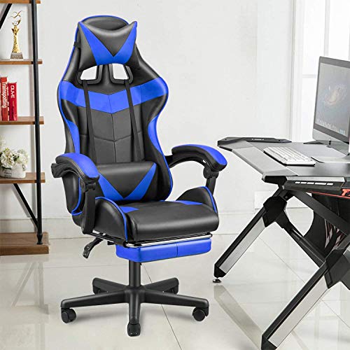 FERGHANA Racing Style PC Computer Chair,Gaming Chair, E-Sports Chair,Ergonomic Office Chair with Height Adjustment,Retractable Footrest,Headrest and Lumbar Support(Storm Blue)