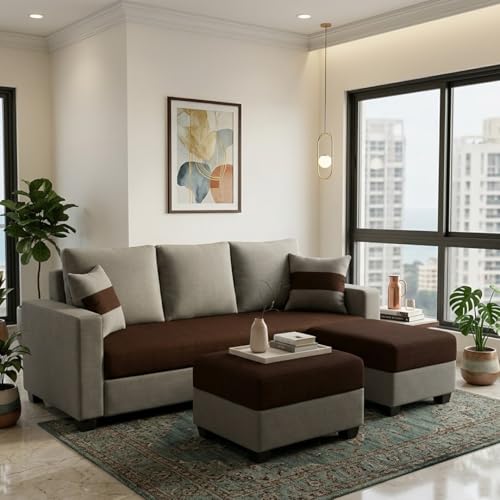 Image of FURNY Aura 3 Seater Modular Fabric Sofa Set with 2 Ottomans (Dark Brown-Dark Grey) | 5-Person Seating with Premium Velvet Finish | Ideal for Living Room