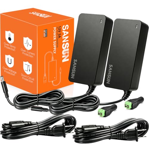 Image of 12V 5A Power Supply, AC 120V to DC12V 5.5x2.1mm Jack Converter, 12 Volt LED Driver 60W Adapter Transformer for Strip Lights, Surveillance Cameras, External HDD, Monitor, CCTV (Pack of 2)