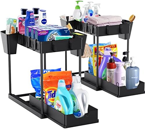 2 Pack Under Sink Organizer and Storage,Sliding Bathroom Drawer Organizer 2-Tier Pull-Out Kitchen Under Cabinet Storage with Hand Cups & Hooks,Multipurpose Counter Organization Rack for Home,Black