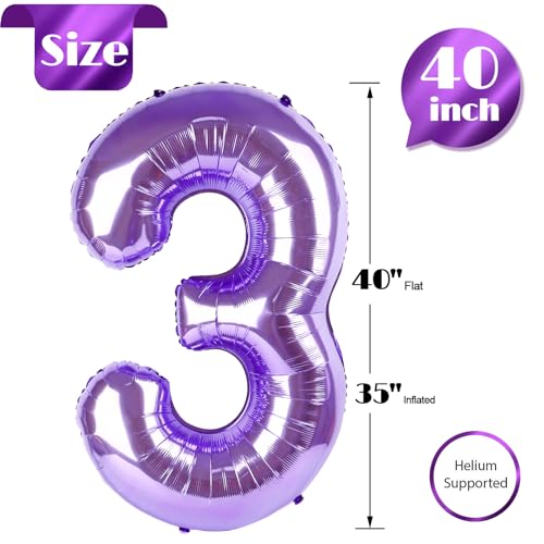 Image of Purple Number 3 Balloon 40 Inch, 3rd Birthday Celebration Supplies Women Men, 3 Balloon for Theme Party